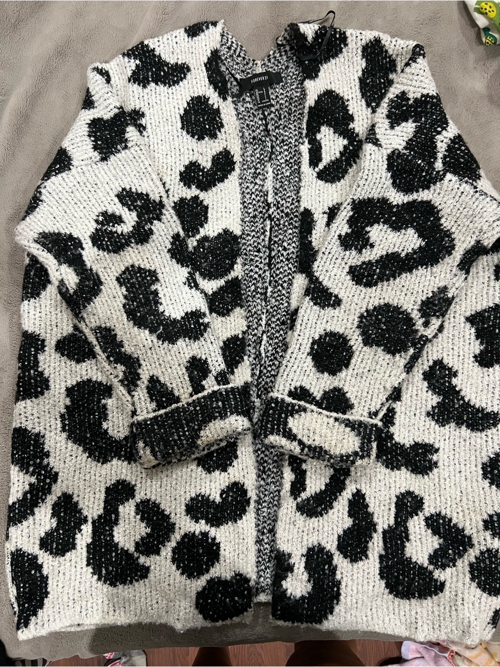 Forever 21 Black and White Leopard Teddy Cardigan